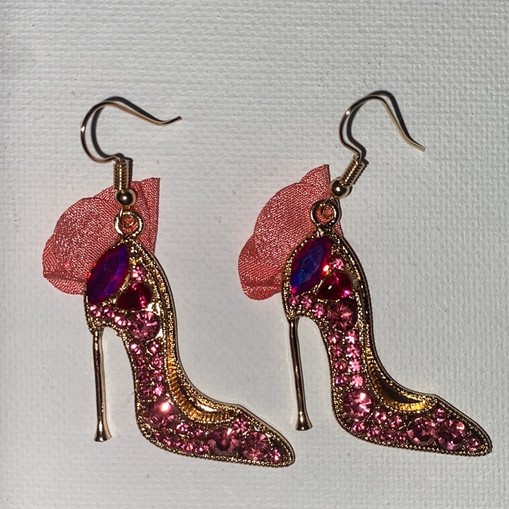High Heel Shoes Dangle Statement Earrings Glass and Rhinestones